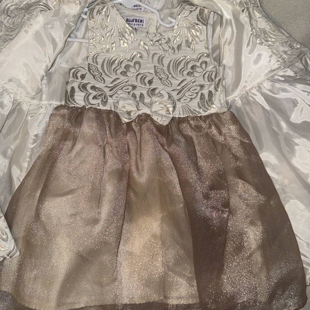 Blueberi Boulevard Cream and Gold Dress with Coat